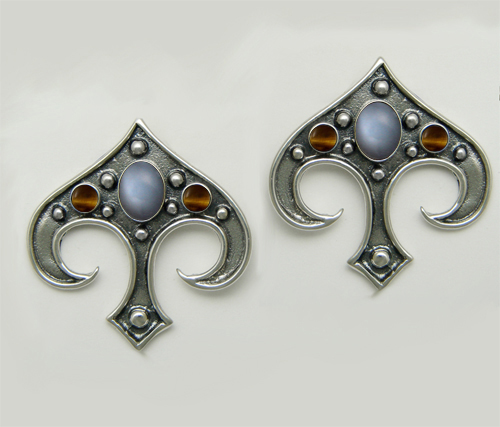 Sterling Silver Gothic Inspired Drop Dangle Earrings With Grey Moonstone And Tiger Eye
